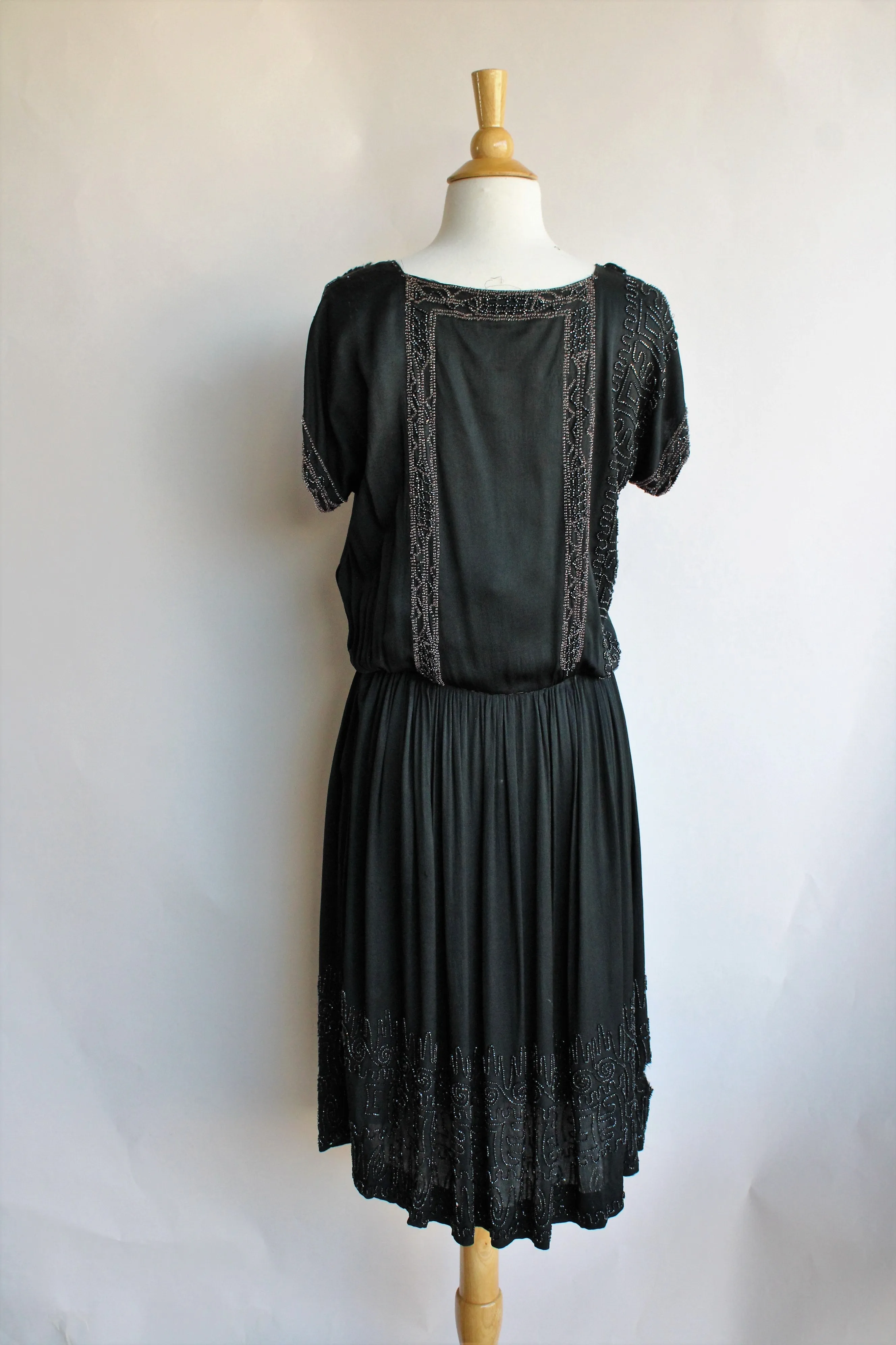 Vintage 1920s Black Silk Dress with Jet Beading