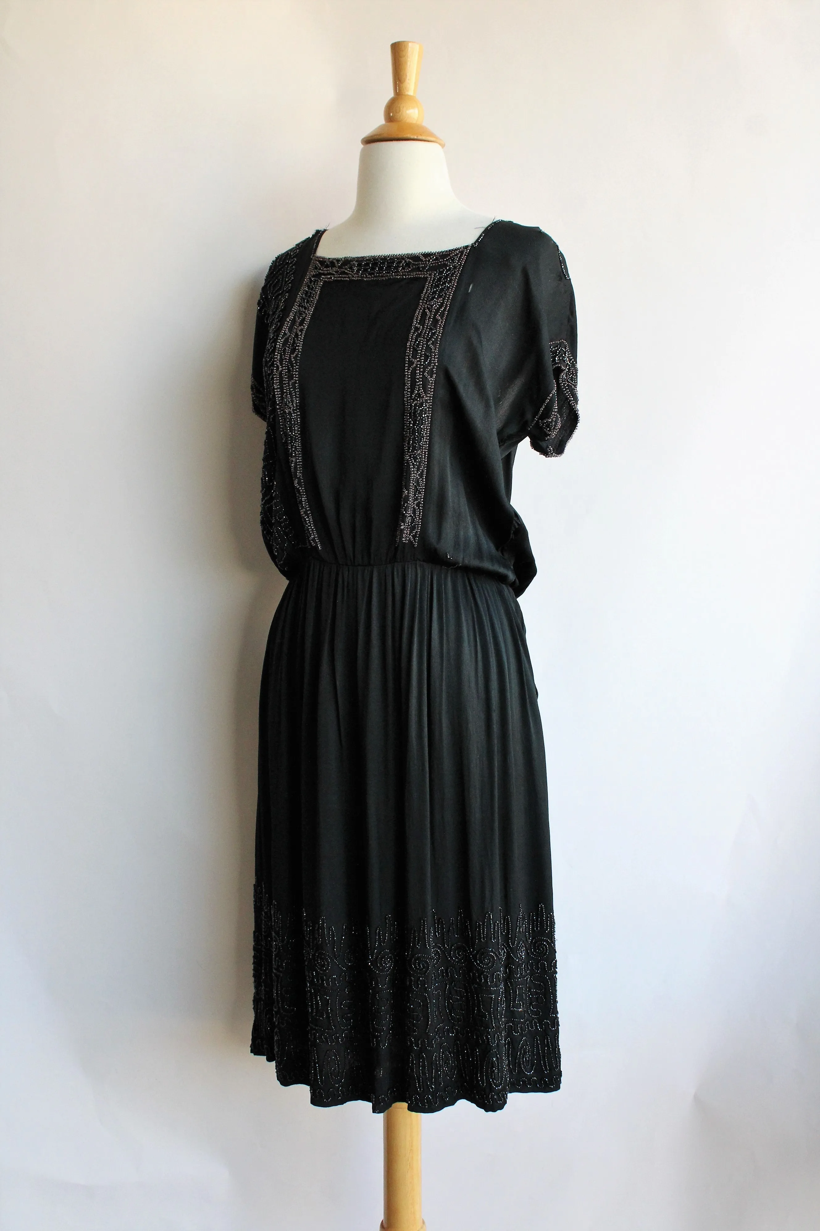Vintage 1920s Black Silk Dress with Jet Beading