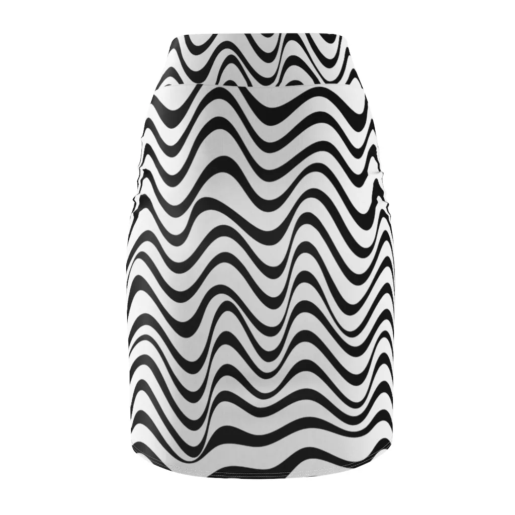 Wavy Striped Women's Pencil Skirt, Designer Black White Stripes Stretchy Skirt- Made in USA