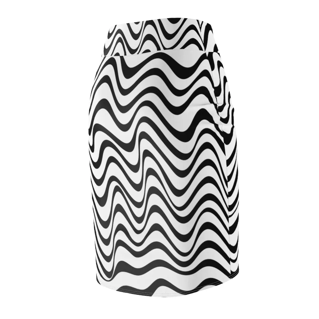Wavy Striped Women's Pencil Skirt, Designer Black White Stripes Stretchy Skirt- Made in USA
