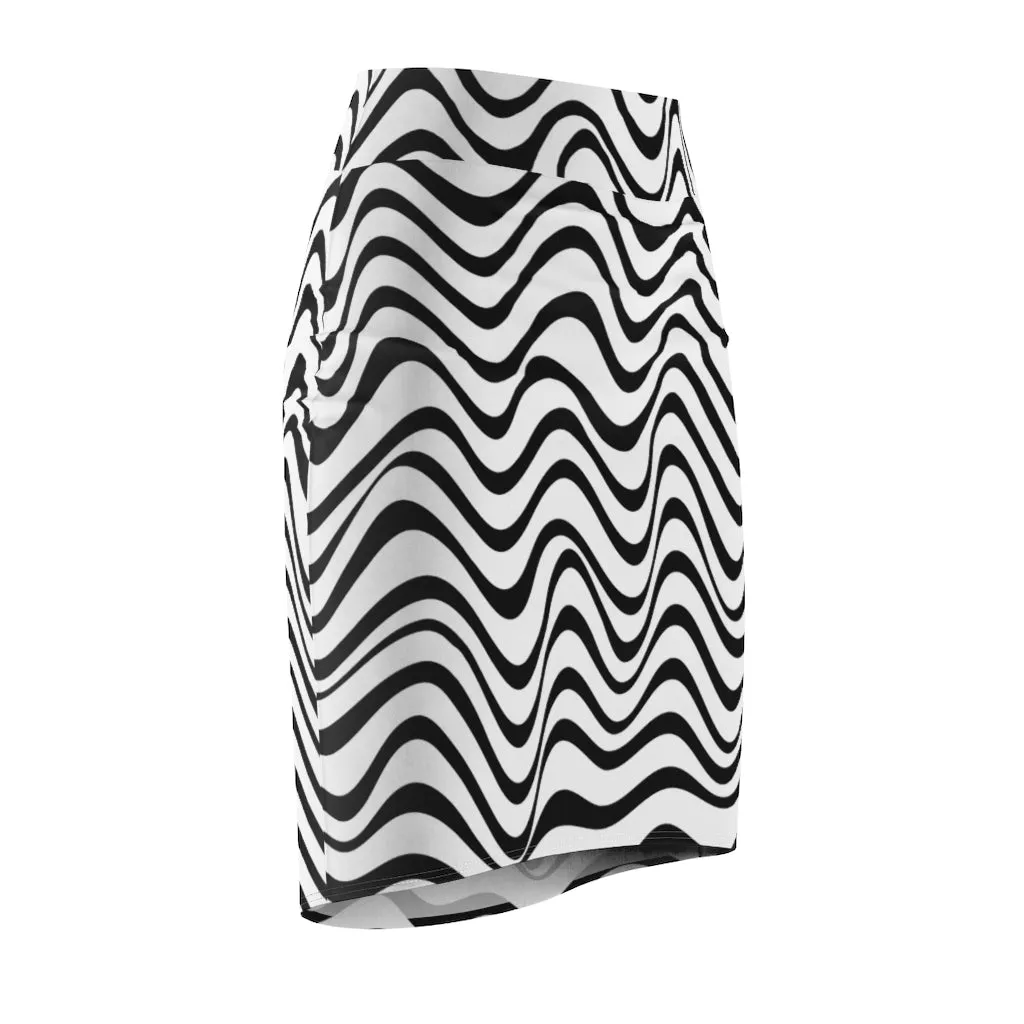 Wavy Striped Women's Pencil Skirt, Designer Black White Stripes Stretchy Skirt- Made in USA