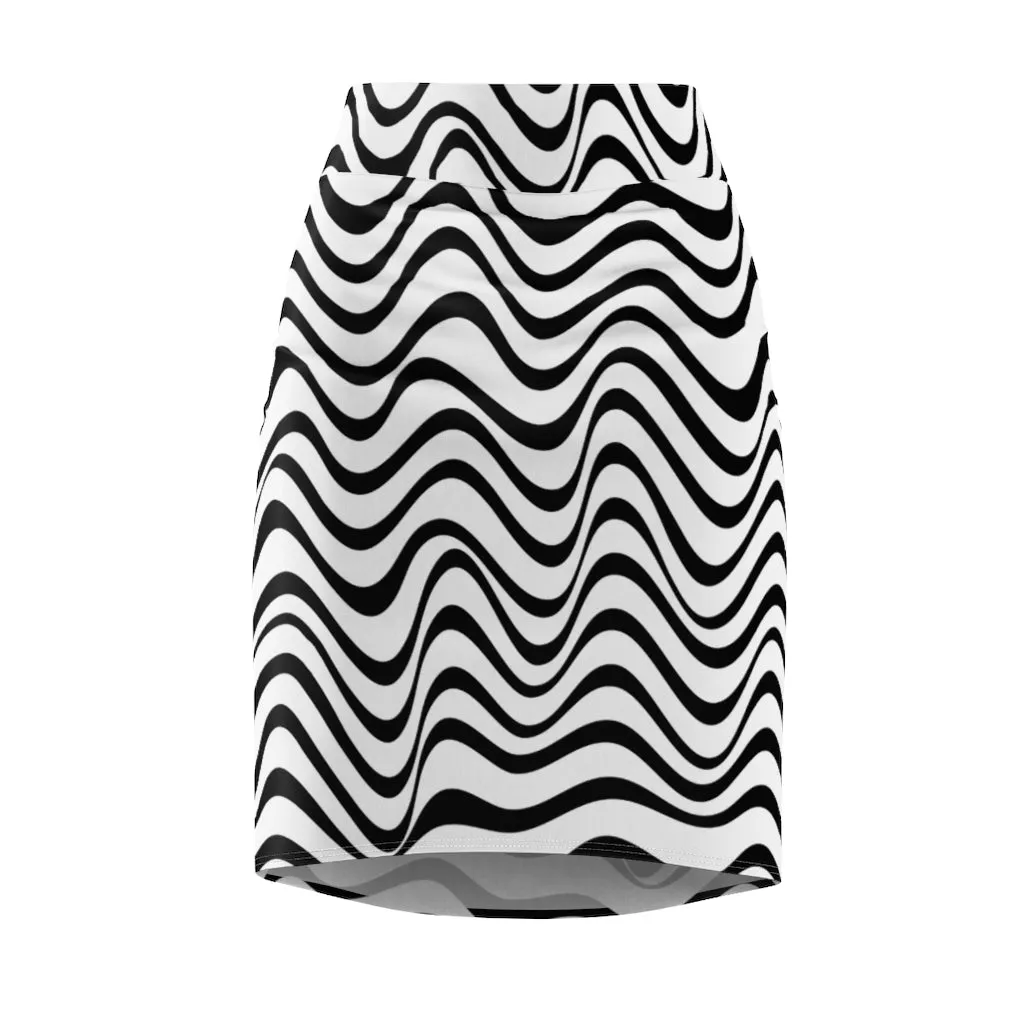 Wavy Striped Women's Pencil Skirt, Designer Black White Stripes Stretchy Skirt- Made in USA