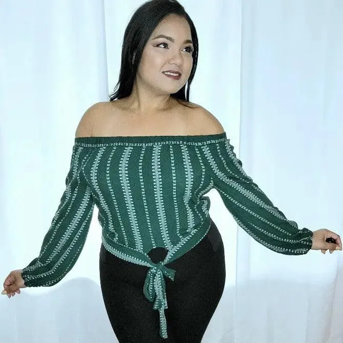 Women's Off-Shoulder Blouse | Green Long Sleeves Front Tie